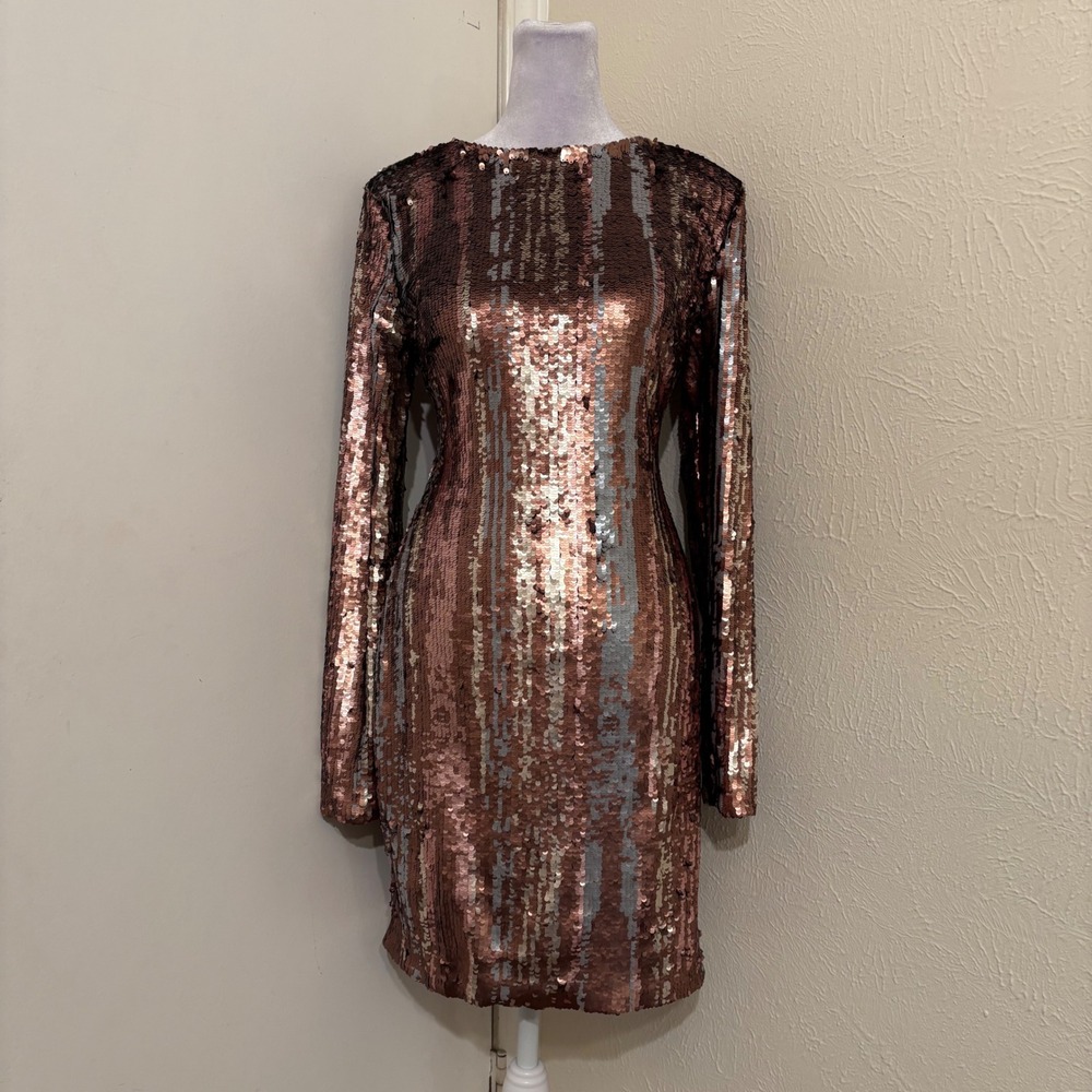 Dress The Population Metallic Rose Gold Sequin Long Sleeve Low Back Mini Dress M